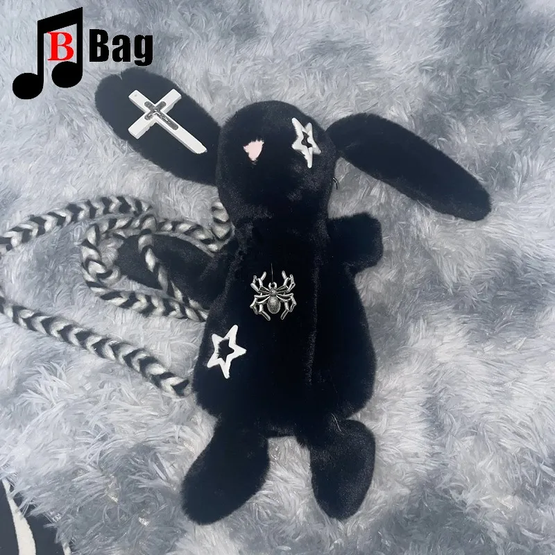 Harajuku Gothic Women Chain Crossbody Bags Soft Plush Ladies Purse Hanbag Female Y2K Girl Punk shoulder bag tote Bunny Backpack