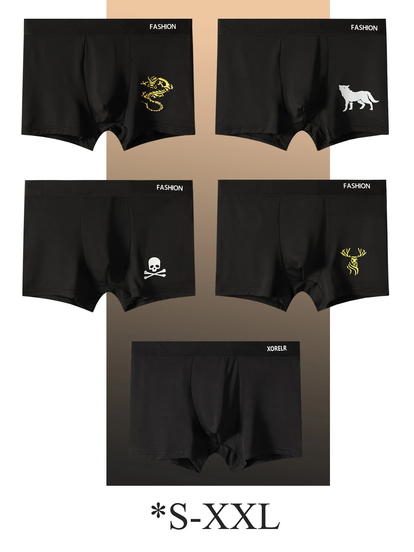 

5-piece men's dark style printed flat-leg pants with dragon/Wolf/skull personalized pattern FASHION belt underwear