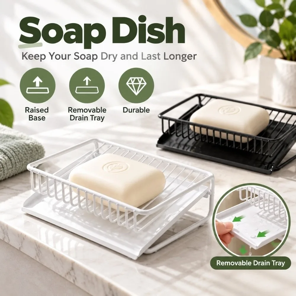Bathroom Sink Organizer Raised Base Soap Dish Removable Drain Tray Plastic Soap Box Durable Multifunctional Soap Rack Shower