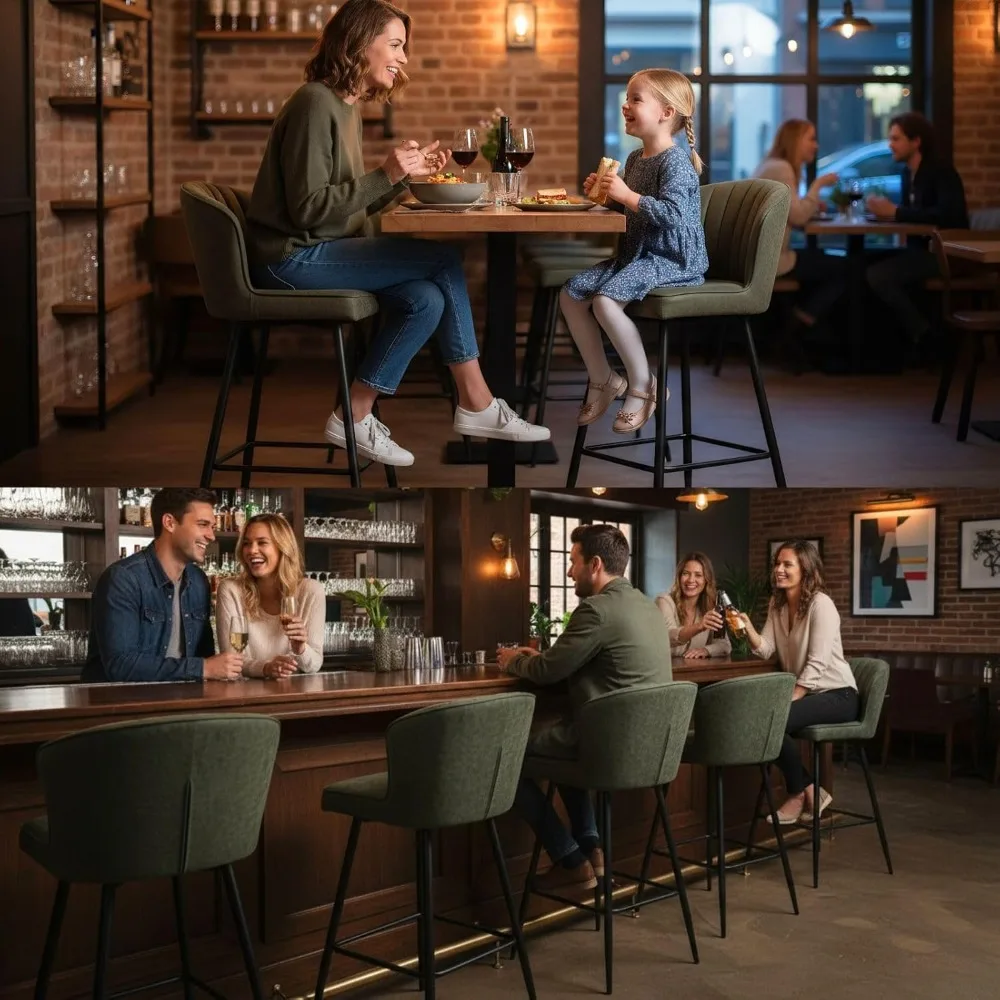 Green Leather Bar Stools Set of 2 Mid Century Modern Counter Stools 26 Inch Counter Height Stool Chairs Upholstered Kitchen Isla