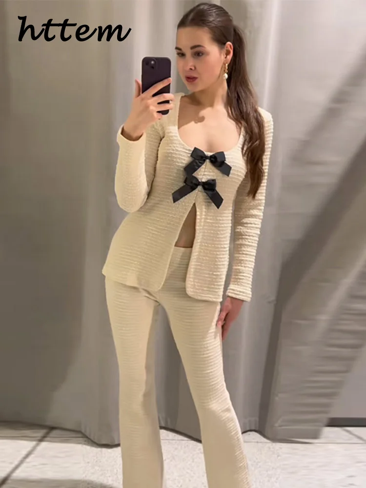 

Casual Bow Women Trouser Suits Square Collar Split Slim Top High Waist Flare Pants 2025 Spring New Fashion Female 2 Piece Sets