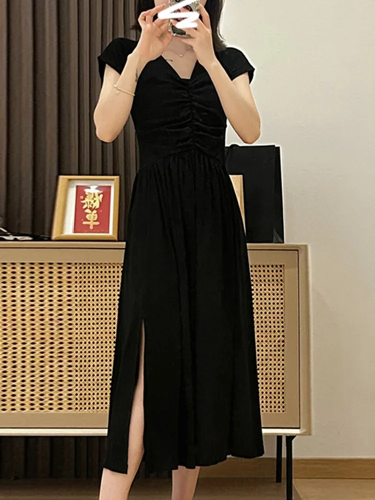 

Sweet Elegant Lady Woman Ress Simple Basic Black Chiffon V-neck Dresses Female Chily Summer New Solid Color Slim Women Dress