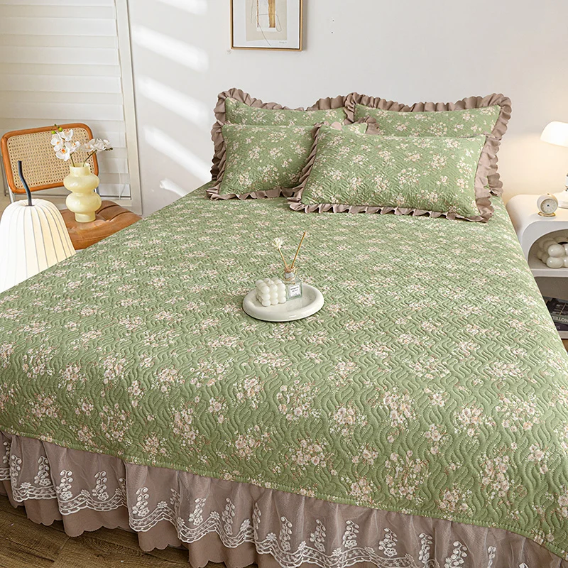 Comfortable Quilted Bedspread for Beds Super King Bed Cover with Lace ropa de cama Double Mattress Pad with Ruffles 침대 패드