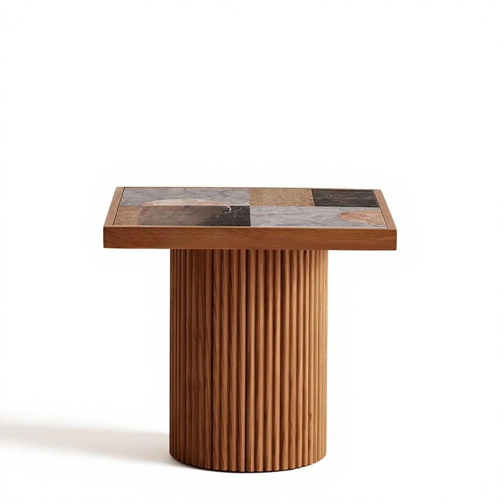 Modern living room coffee table with polished jade shell, limestone table top and recessed wood base, square side table