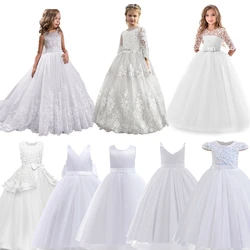 White Lace Child Flower Girl Dress Tulle Appliques Princess Floor Length for Wedding Party Baptism First Communion Gown