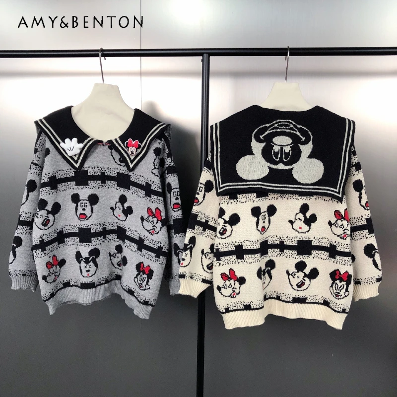 

New Retro Y2k American Style Navy Collar Cartoon Flocked Jacquard Loose Pullover Fashion Knitted Sweater Jacket Outerwear Female