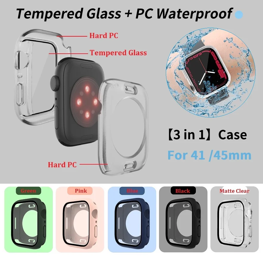 Tempered Glass Waterproof Case for Apple Watch Series 7 45mm 41mm PC Sports Watch Case 3 in 1 Rainproof Dust-proof iwatch Cover