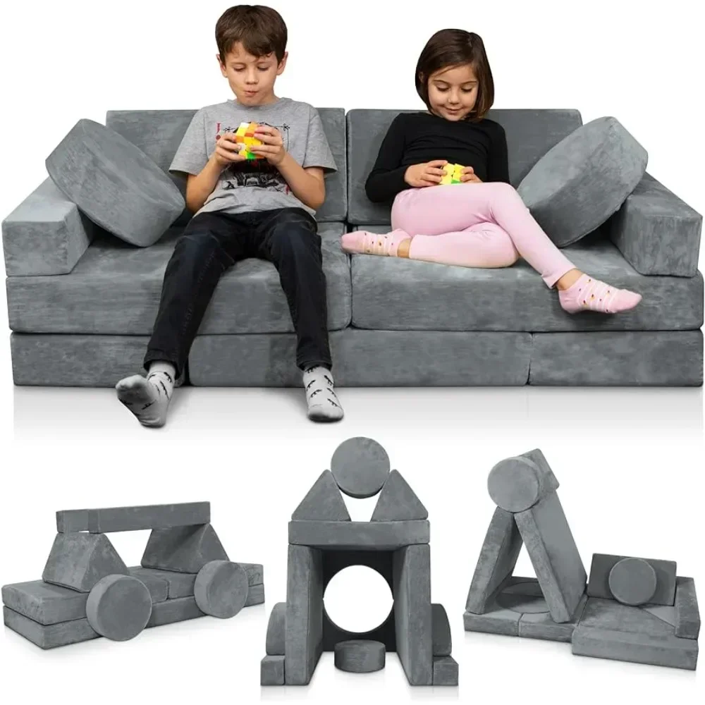 

14pcs Modular Kids Play Couch, Child Sectional Sofa, Fortplay Bedroom and Playroom Furniture for Toddlers, Gray