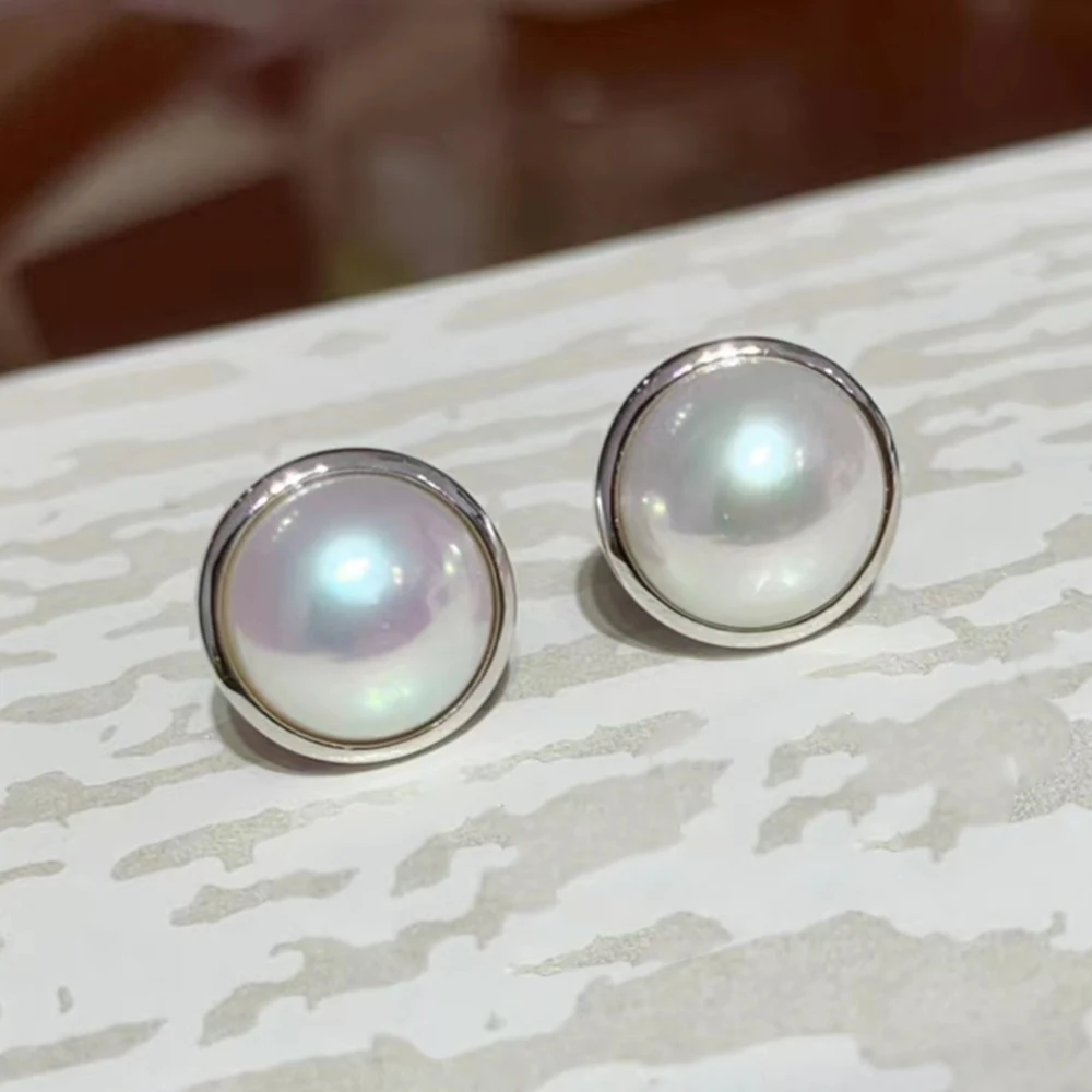 

S925 Silver Aurora Natural Freshwater Mabe Pearl Stud Earrings 12-13mm for Women's Gift Classic Luxury Real Mabe Pearl Earrings