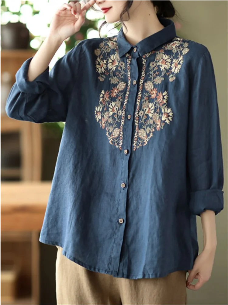البلوزات الرجعية للنساء قميص وطني القطن قميص كتان فضفاض مطرز بلوزة التلبيب كم طويل سترة قمصان الإناث