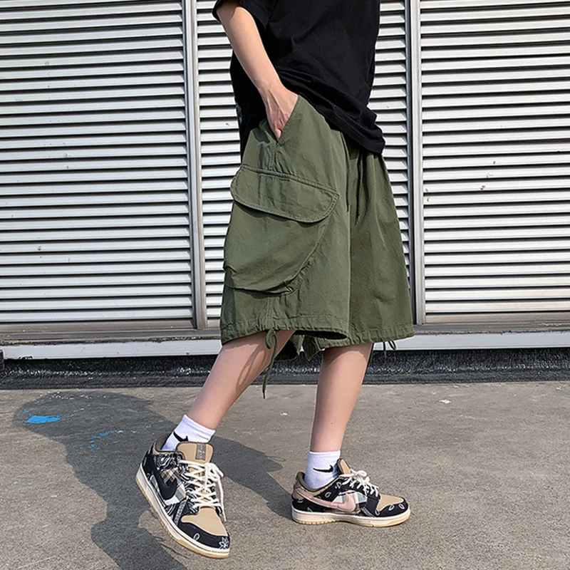 アメリカンレトロワークウェアオーツメンズトレンディサマーカジュアルハイストリートDストリングワイドレッグパンツケットディテールストレートカット