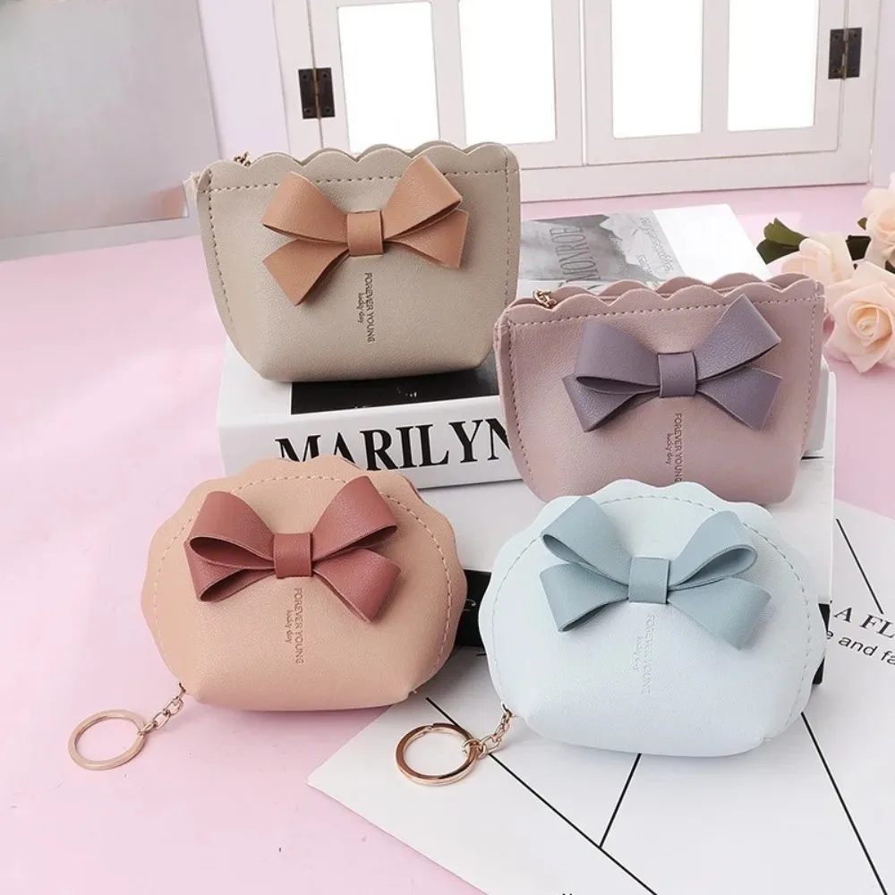 New College Style Bow PU Leather Keychain Mini Wallet Multifunctional Portable Lipstick Coin Storage Bag Zipper Coin Purse