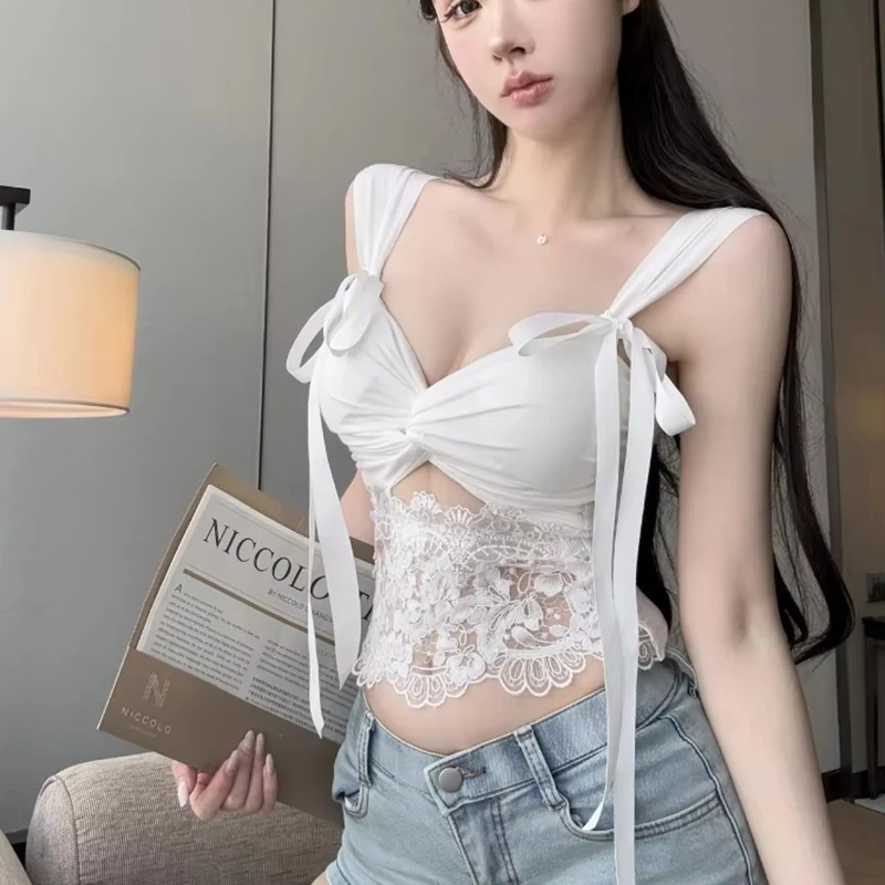 

Сексуальные кружевные лоскутные женские майки Y2K, летние сексуальные бандажные белые эстетические укороченные топы, уличная одежда, женские майки, новые