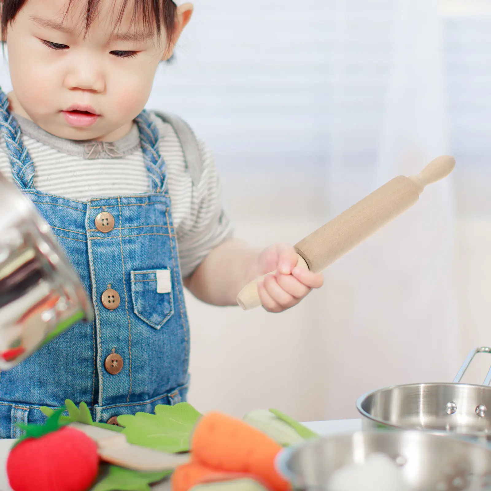 2Pcs Natural Wood Rolling Pin Kids DIY Painting Baking Role Play Kitchen Pretend Play Tool Develop Creativity Imagination Motor