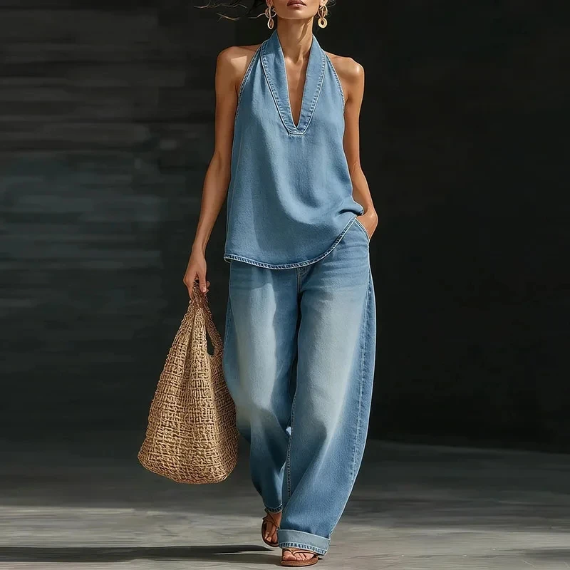 

Summer Casual Hollow Out Two Piece Temperament Halter Sleeveless Denim Vest&Pants Sets Fashion Backless Women's Commute Outfits