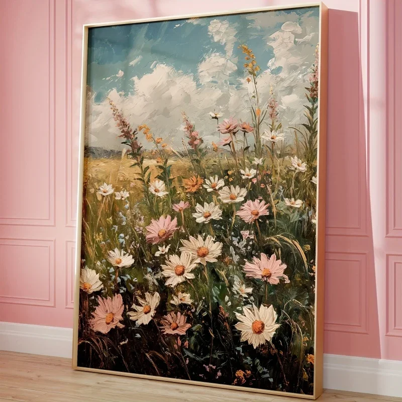 1pc frameless Canvas Painting Vintage Art Spring Meadow Blooming Wildflowers Print Wall Art Canvas Painting Modern Home Wall Dec