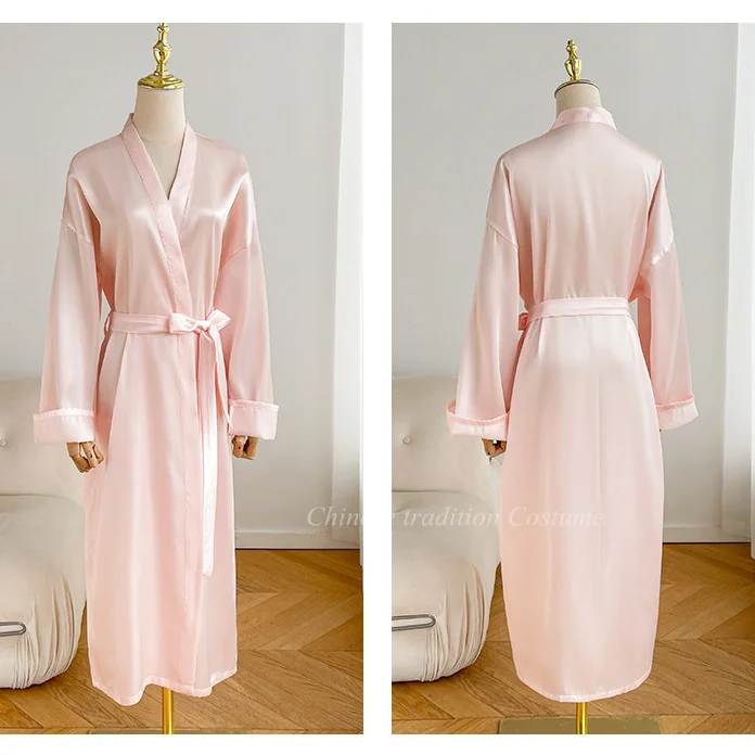 Long Kimono Bathrobe Satin Sleepwear Nightwear Women Long Sleeve Robe Nightgown Spring Summer Solid Color Intimate Lingerie