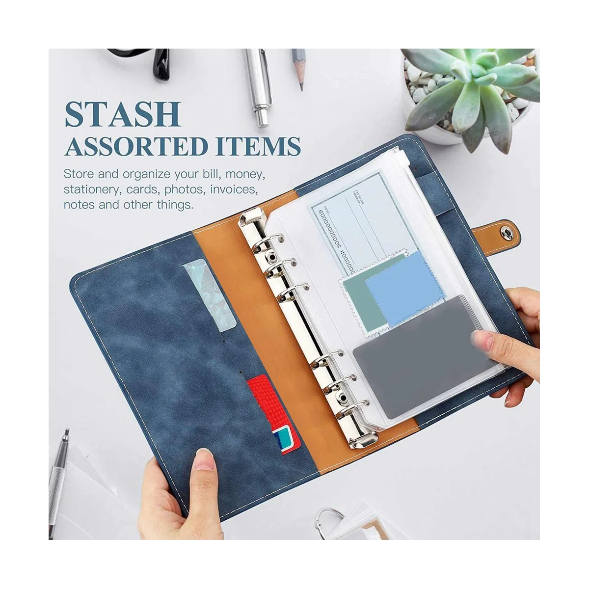 غطاء الموثق الدفتري مع بلاستيك شفاف ، 6 حلقات ، جلد صناعي ، A6 ، حقيبة مغلف ، أزرق