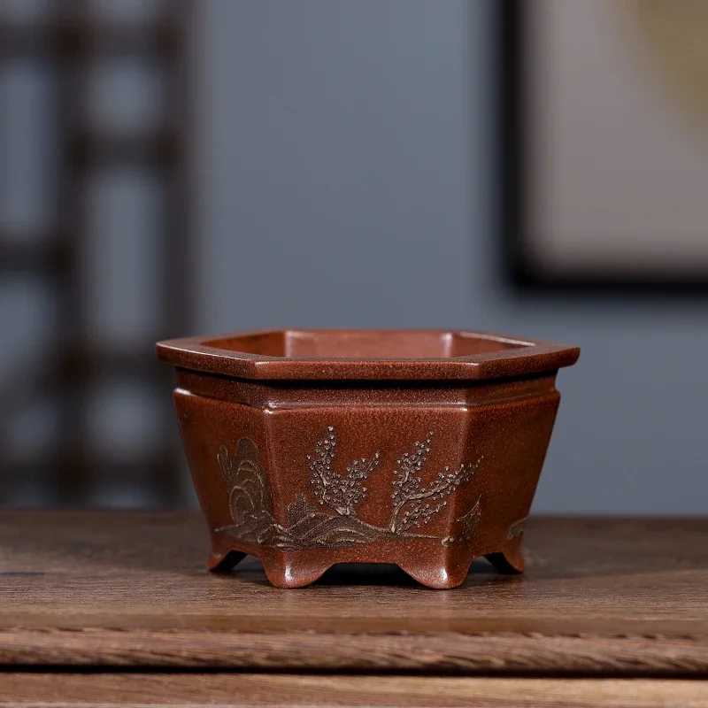 Ceramic Hexagon Flower Carved Bonsai Pot, Traditional Chinese Handmade Painting, Garden Decoration