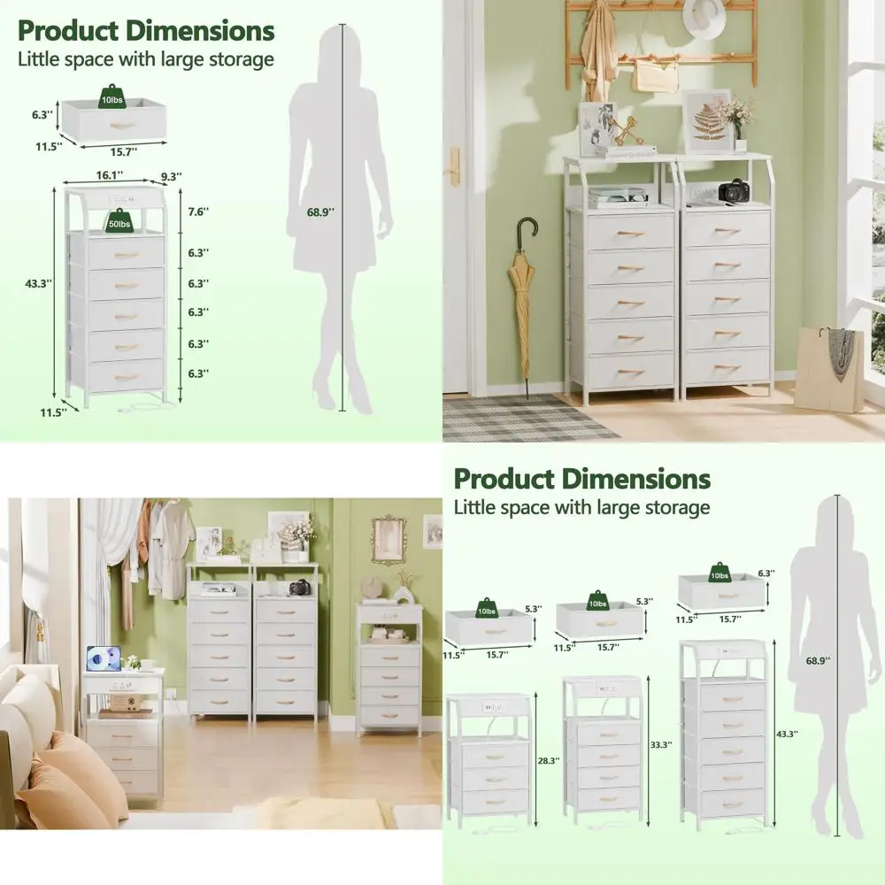 

White 5-Drawer Dresser with Charging Station, Tall Nightstand with Open Shelf, Storage Tower with PVC & Fabric Drawers, Multi-Pu