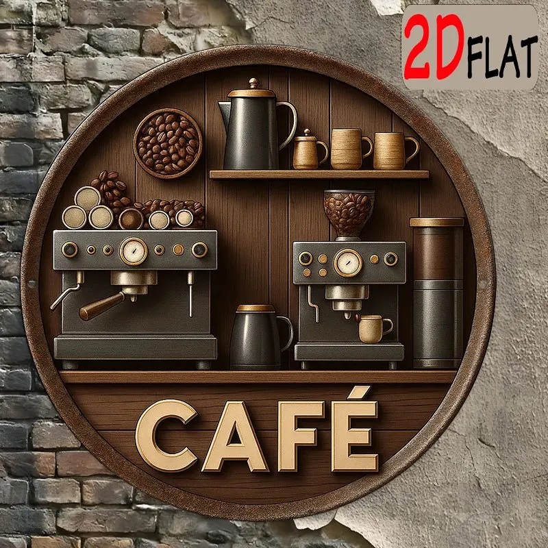 A vintage design featuring a coffee machine, coffee beans, and coffee tools signage, suitable for outdoor signs.