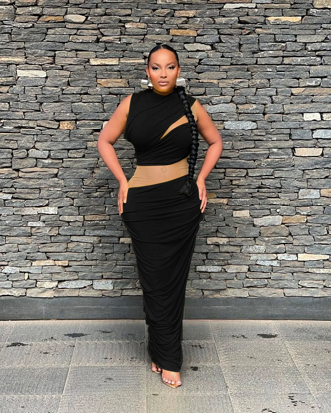 

2023 Long Sleeves Solid Mesh Patchwork See Through Slit Sexy Bodycon Maxi Dress Summer Women Outfits Party Festival