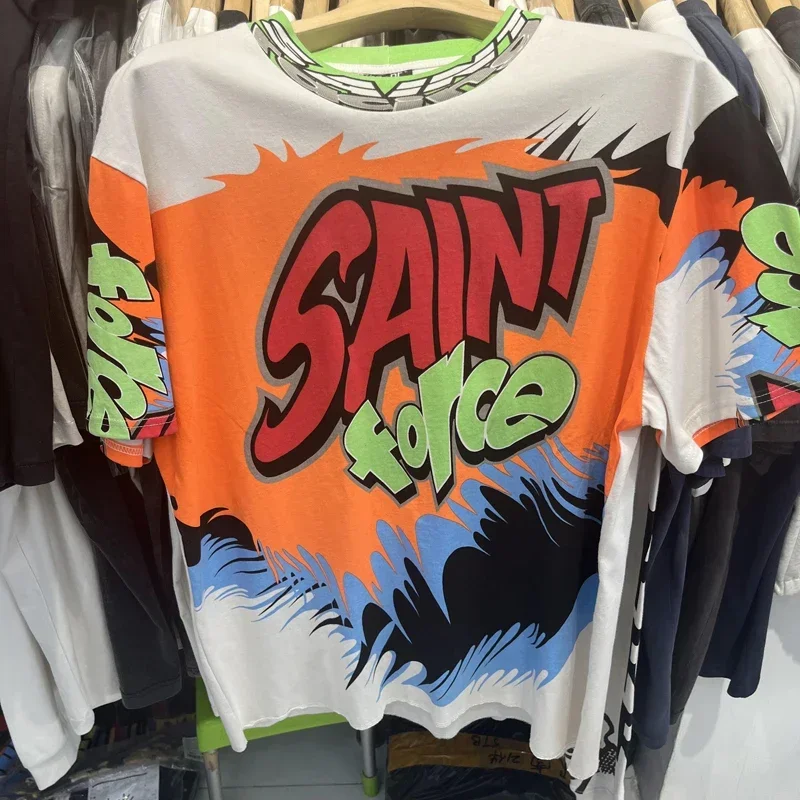 New Saint Force Graffiti Tee High-quality Oversized Retro Racing Style Graffiti Short Sleeved T-shirt Real Photo