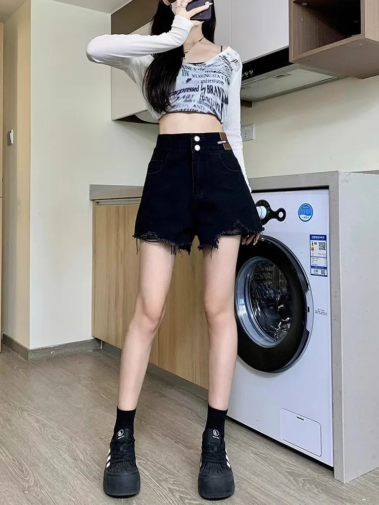 

High Waist Black Denim Short Shorts Women's Summer 2024 Miniature Spicy A-Line Wide Leg Super Short Hot Pants Cotton Polyeste...