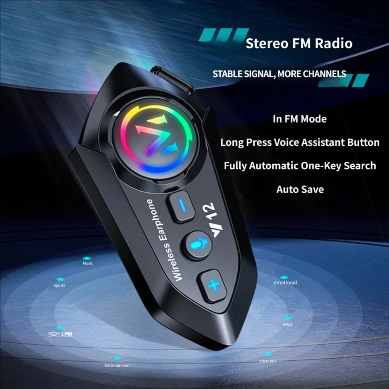 Helmet Intercom Headset with 2 Ear Pieces, Side Buttons, Type-C Charging and Water Resistant Daily Use Music Control D7YA