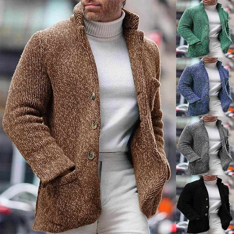 

Autumn and winter new Europe and the United States men's knitted cardigan stand collar long sleeve single breasted pocket coat