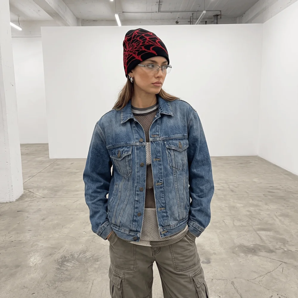 Y2K Soft Spider Web Pattern Beanie Caps Warm Street Punk Pullover Hat Stretch Multiple Colors Cuffed Knitted Hat Unisex