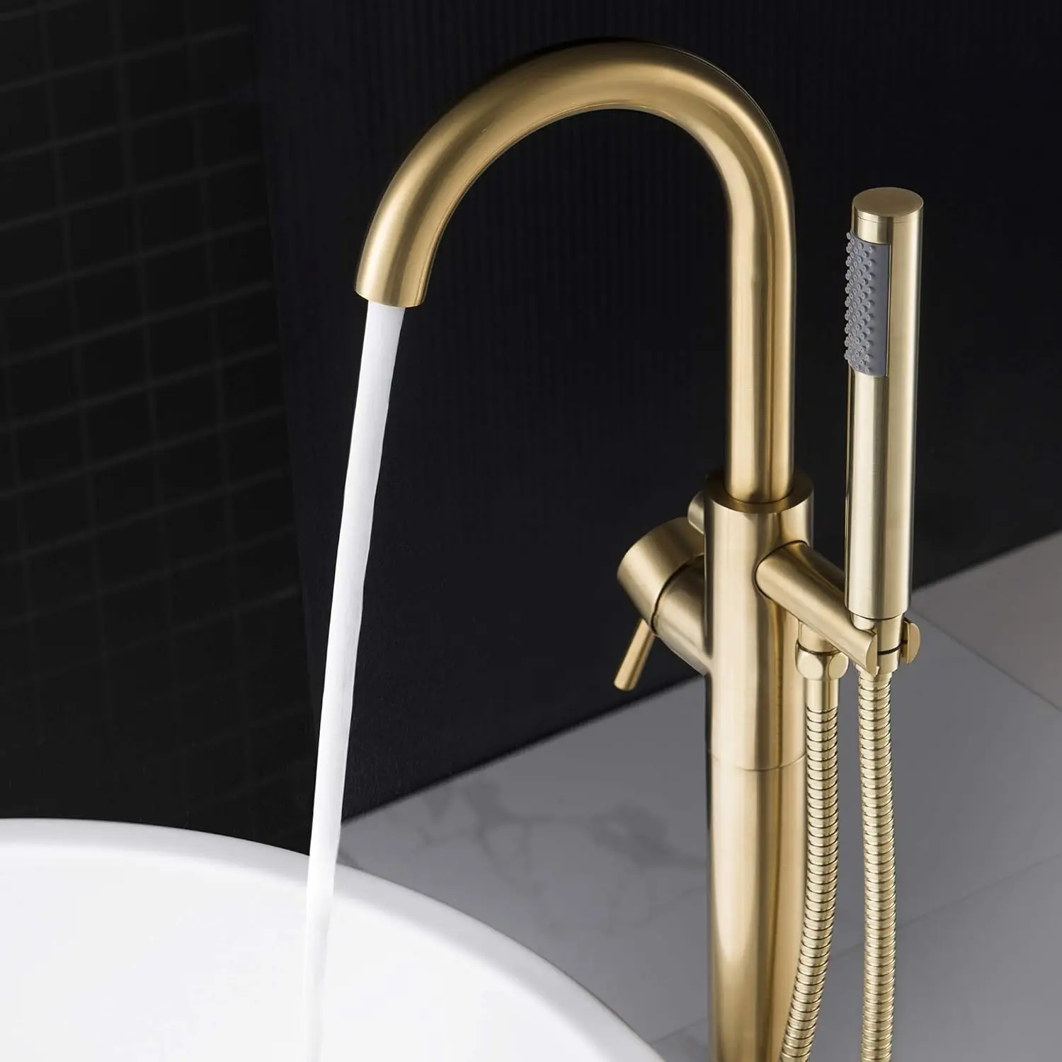 F0007 BG Freestanding Tub Filler Bathtub Floor Mount Brass Bathroom Faucets with Hand Shower, F-0007 Golden, Brushed Gold