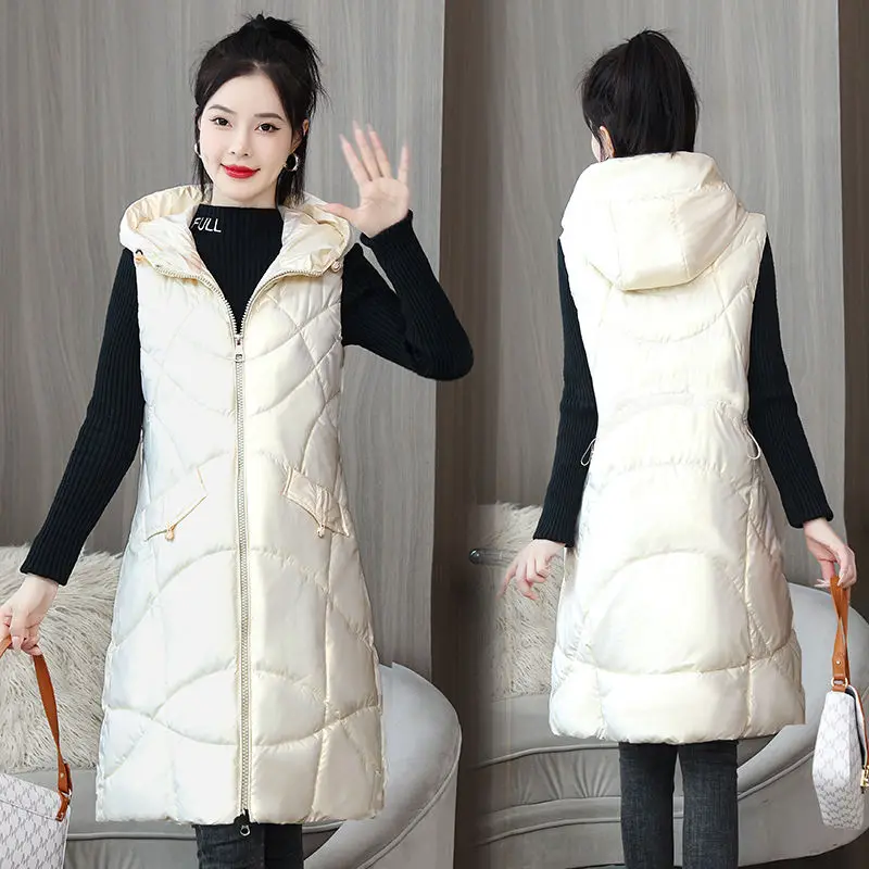 Women 2023 New Fall/Winter Leave-In Glossy Down Cotton Vest Midi Length Thickened Horse Clip Shoulder Coat All-match