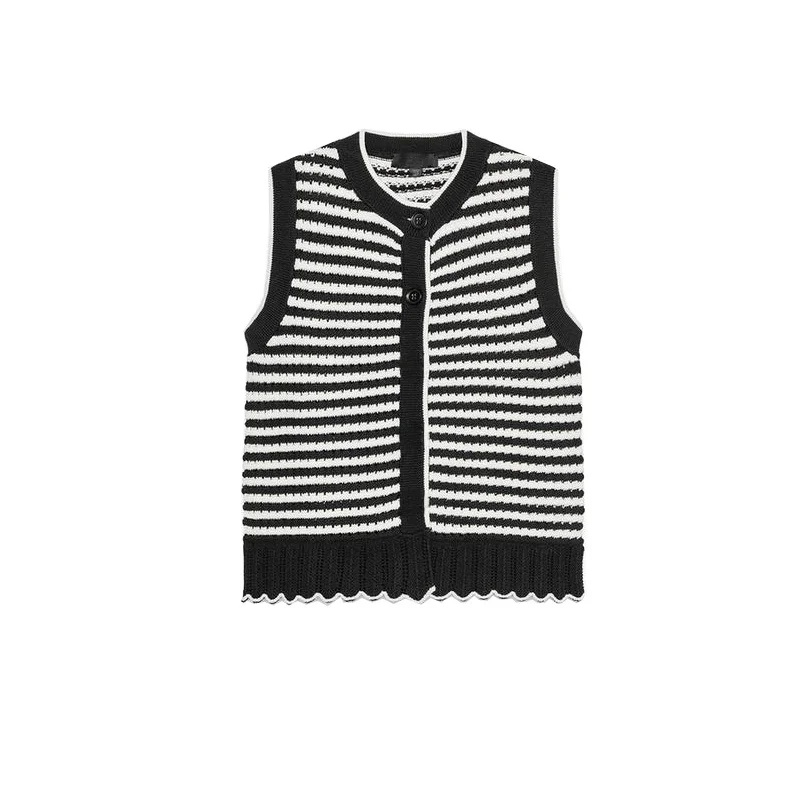 เสื้อกั๊กถักไหมพรมผู้หญิงสไตล์เรียบง่ายสำหรับฤดูร้อน คอกลม ลายทางหลากสี ดีไซน์ลำลอง สวมใส่สบาย ผลิตจากโพลีเอสเตอร์