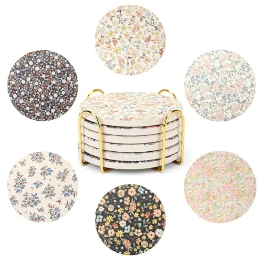

Coasters for Drinks Set of 6 with Holder, Absorbent Ceramic Stone, Flower Coffee Table Décor, Decorative Cup Coasters for Kitch