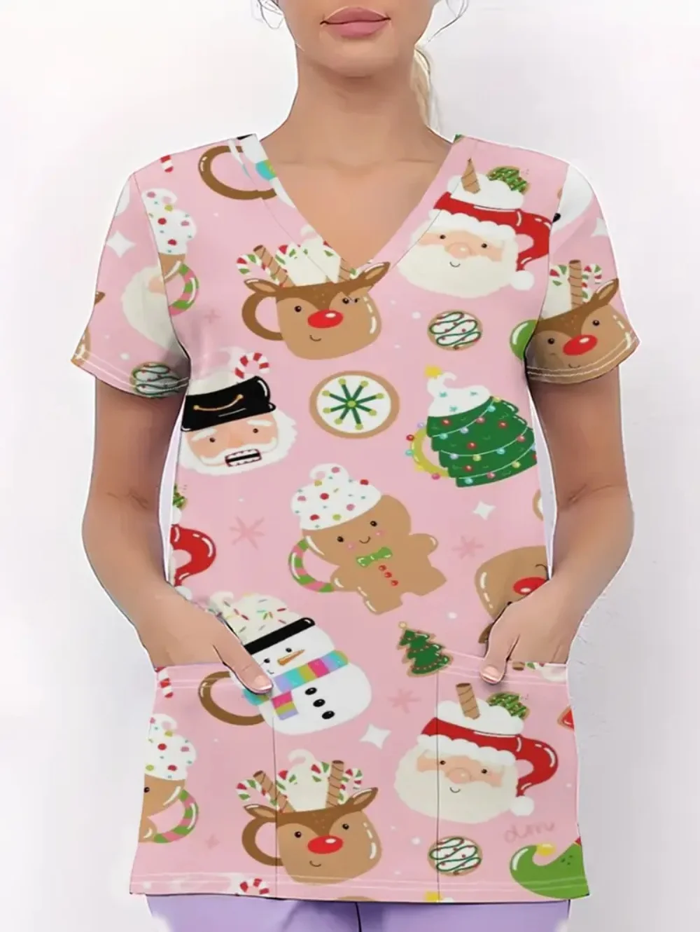 Świąteczne uniformy medyczne damskie, uroczy nadruk z kreskówkami, letni styl, krótki rękaw, z kieszeniami, odzież medyczna dla kobiet.