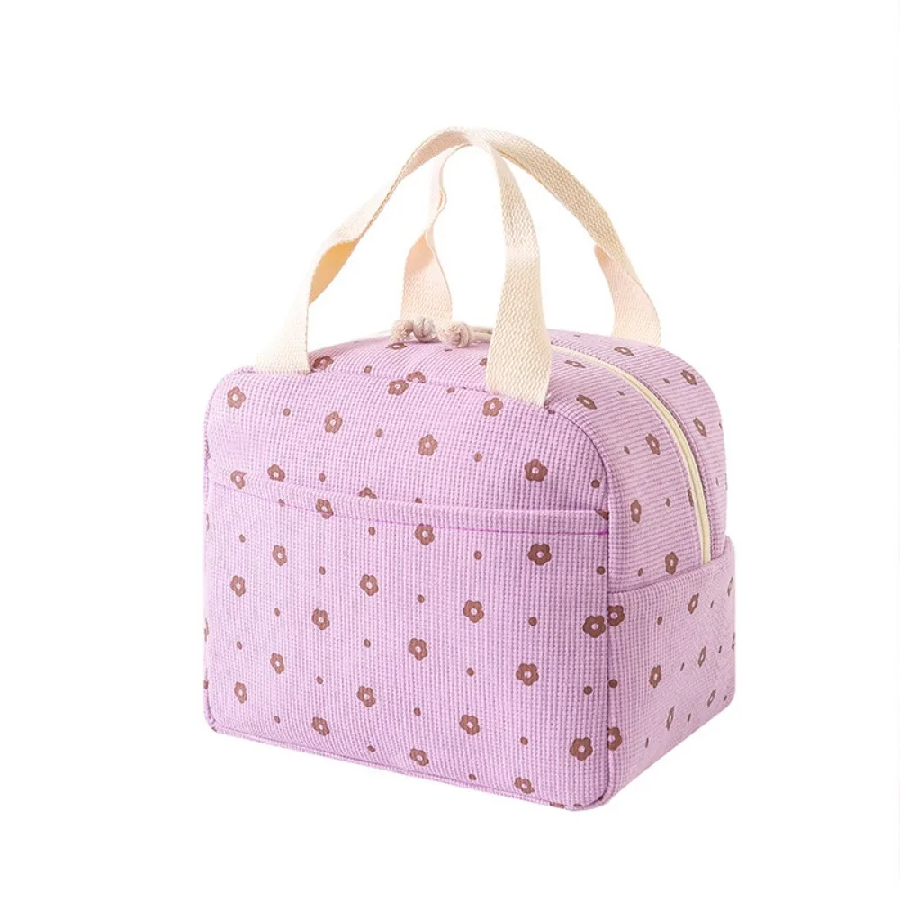 

Floral/Plaid Design Corduroy Lunch Bag Thermal Waterproof Insulated Lunch Tote Reusable Handheld Portable Lunch Bag School