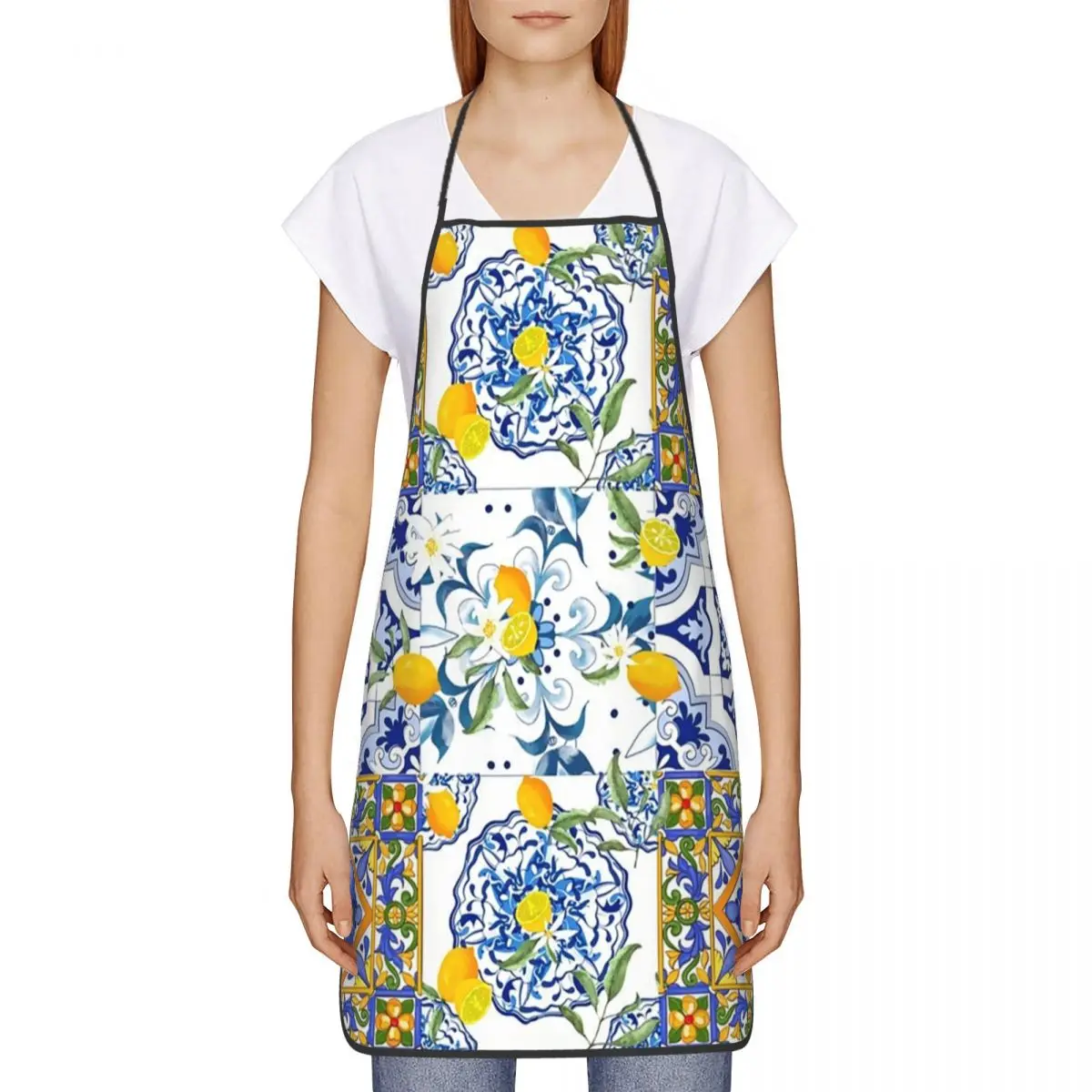 Custom Mediterranean Summer Fruit Lemons Tiles Apron for Women Men Adult Unisex Kitchen Chef Bib Tablier Cuisine Cooking Baking