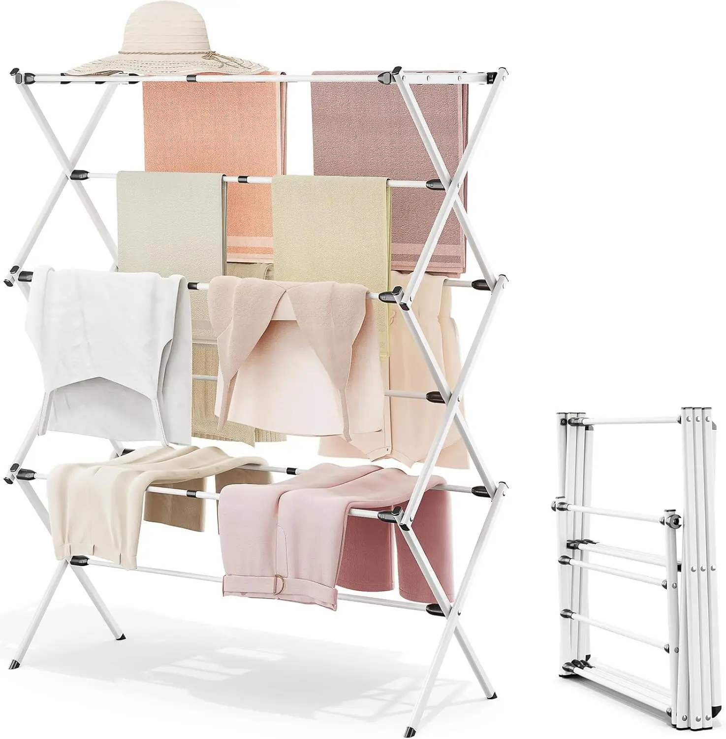 Clothes Drying Rack with 4 Wings, Stainless Steel Drying Rack Clothing with Height-Adjustable, Foldable Gullwings Laundry