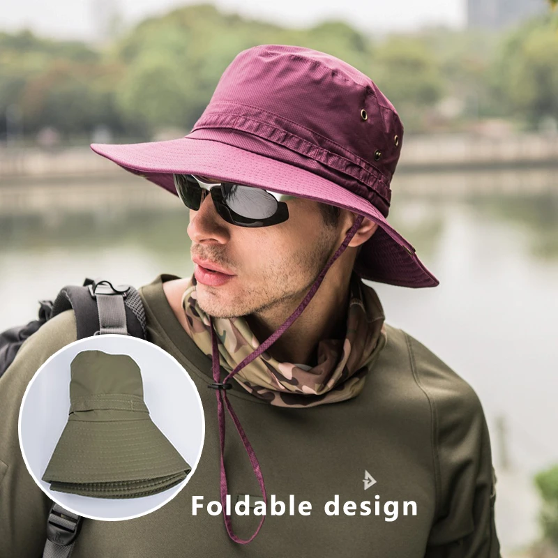 Bucket Hat for Men Solid Color Big Brim Fishing Cap Waterproof Outdoor Camping Hiking Fisherman Hat Gorra Couple Anti-UV Sun Cap