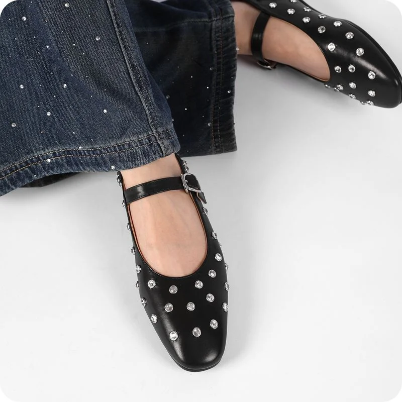Onlymaker Women Black Round Toe Rivets Mary Jane Flats Buckles  Woman Fashion Summer Flats Shoes