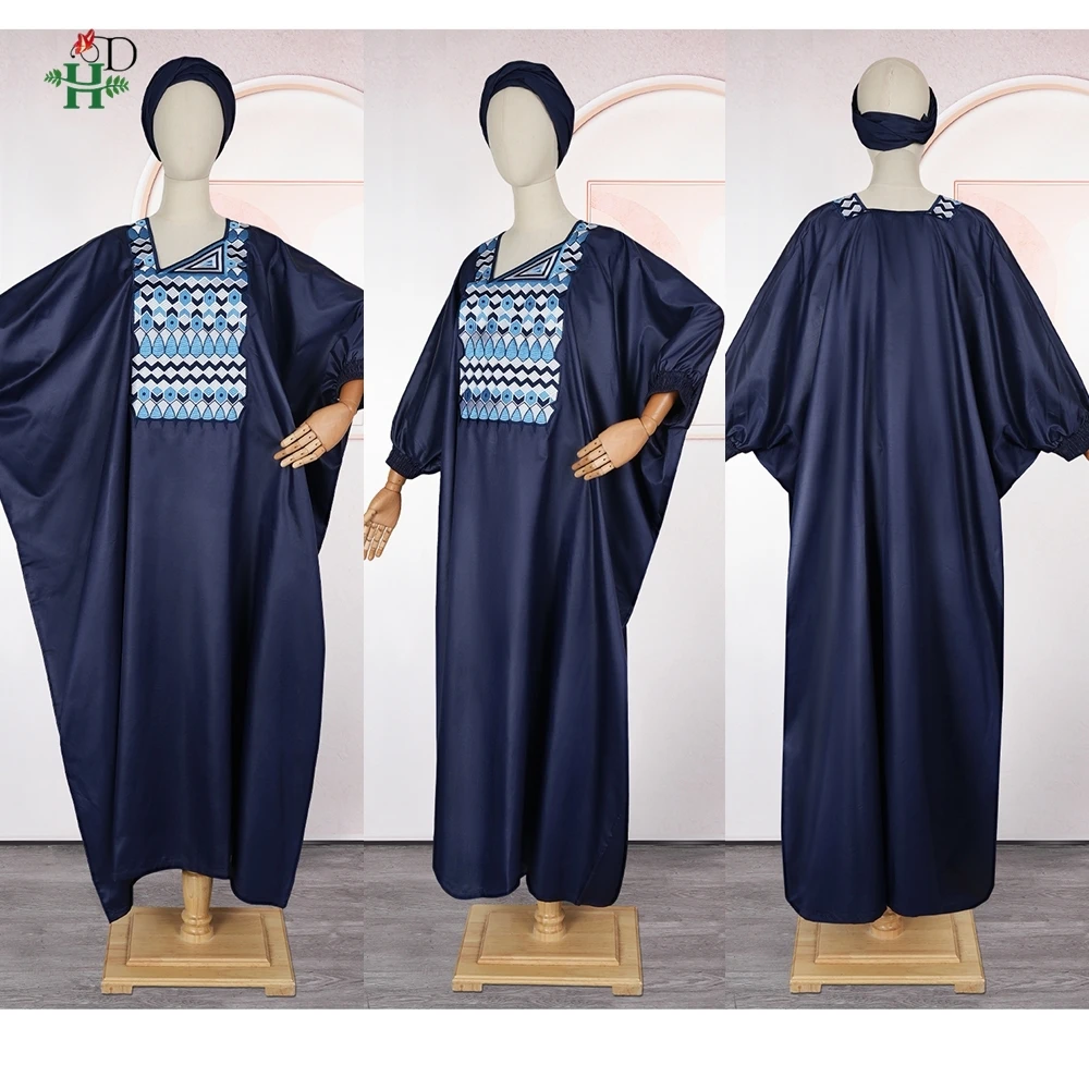 New African Women's Navy Blue Kaftan Embroidery Djellaba with Headwrap For Casual Ramadan Couple Daily Boubou Wedding Party Gown