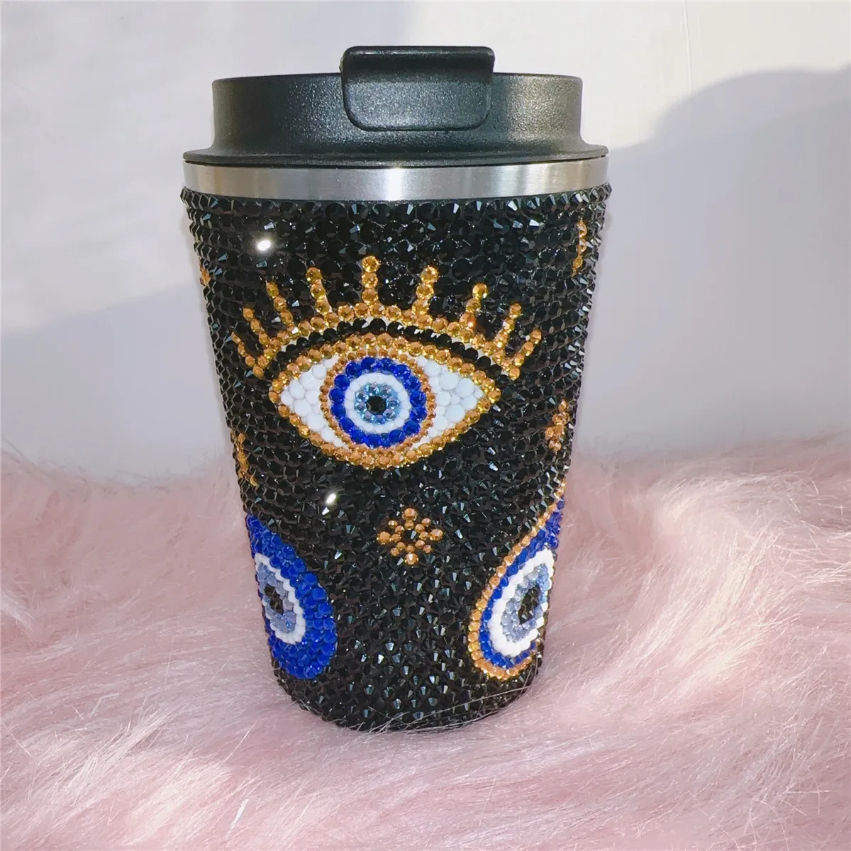 380ML White /Black Evil Eyes Sparkle DIY Handmade Rhinestone Coffee Car Mug Photo Props