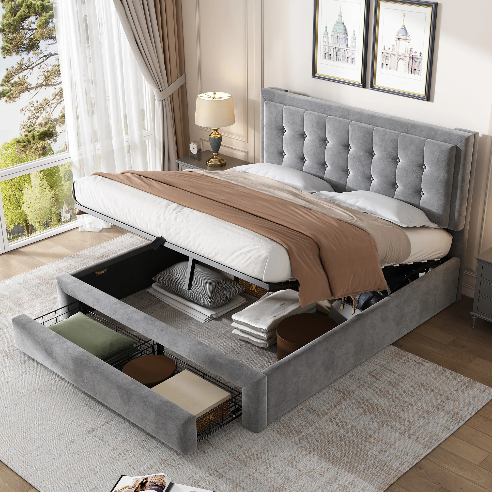Lit coffre 140x200 cm - Lit coffre hydraulique avec 2 tiroirs et sommier à lattes en bois - Velours - Sans matelas - Gris