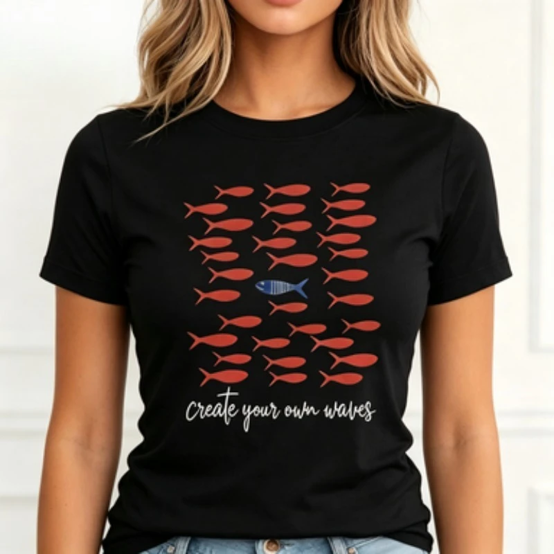 Women Cotton O-Neck T-Shirt Inspirational Create Your Own Waves Letter Print Contrast Casual Short Sleeve Ladies Daily Basic Top