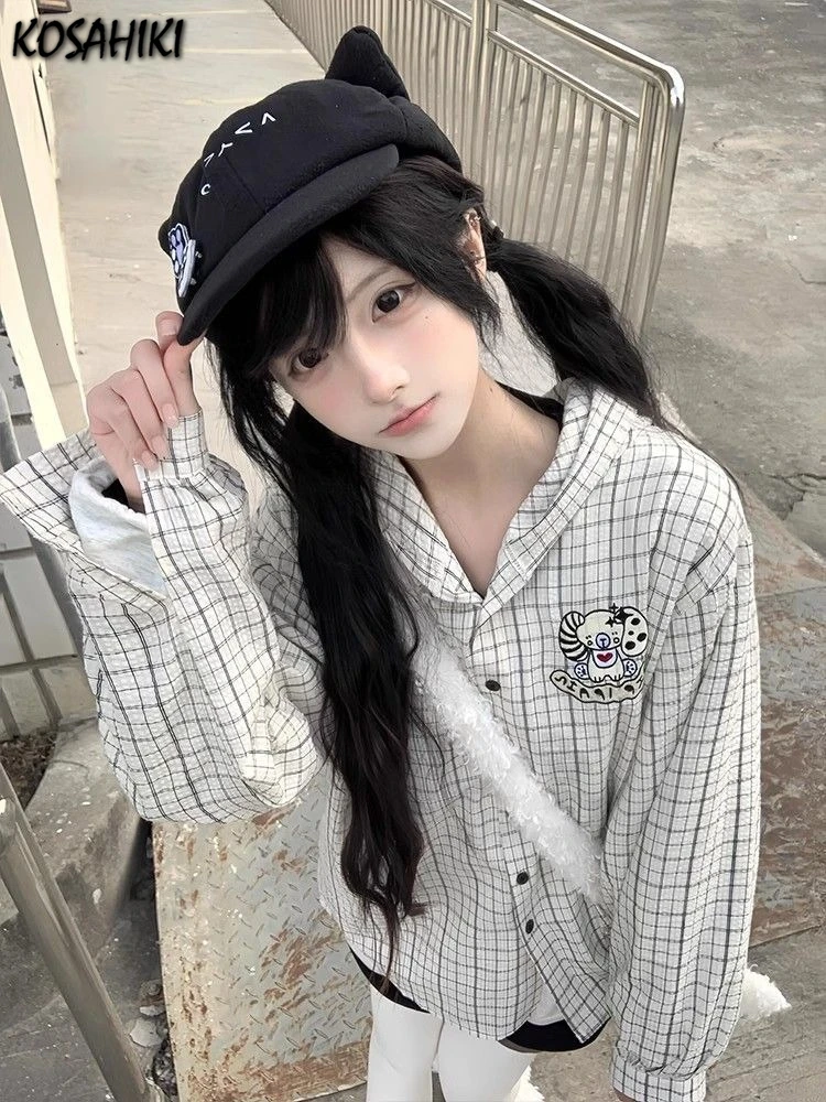 

2025 Preppy Style Plaid Casual Women Blouse Y2k Aesthetic Single Breasted Hooded Blusas Harajuku Cartoon Embroidery Grunge Shirt