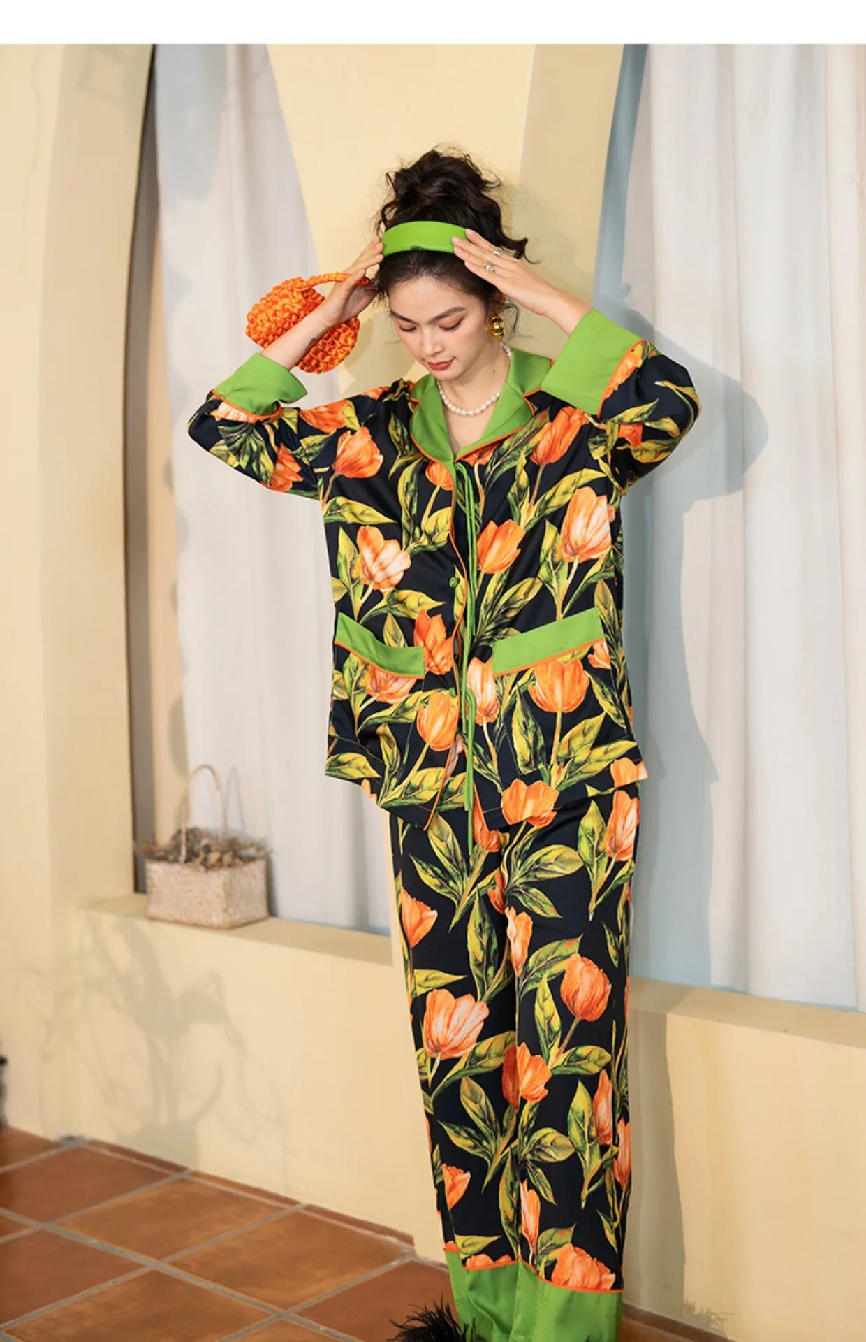 Ice Silk Tulip Print Pajamas Women's Set Spring Autumn Sleepwear Vintage Romantic Long Sleeve Two Piece Home Suit Can Be Outworn