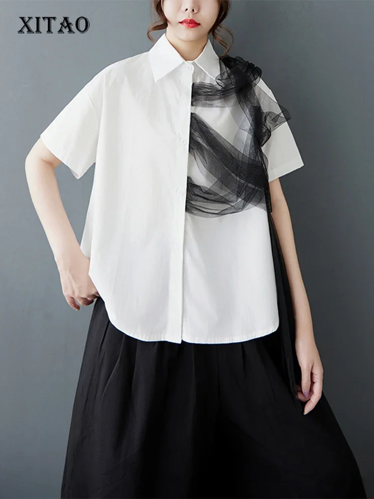 

XITAO Patchwork Mesh Turn-down Collar Shirt Casual Solid Color Loose Fitting Vintage Slimming Summer Women Blouse GYX1536