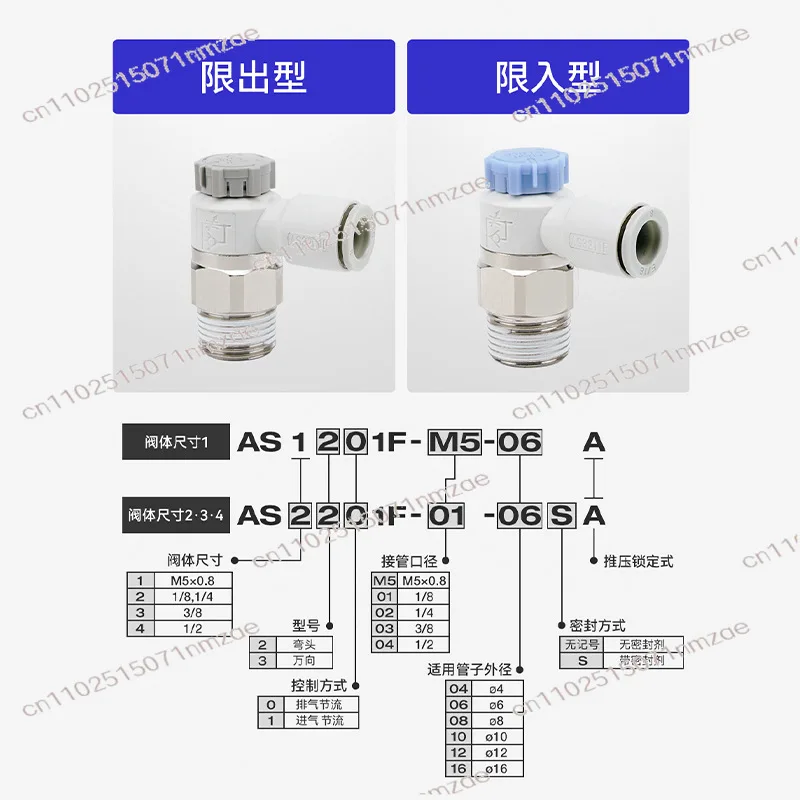 100Pcs/lot elbow fittings AS2201F-01-06SA Flow control valve Regulator valve Speed control valve AS1201-M5-04A