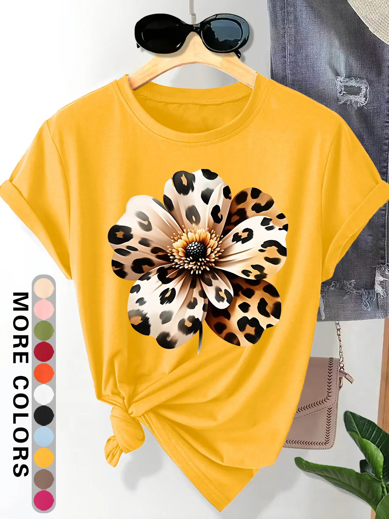 Leopard Print Large Flower Pattern Round Neck Women's Comfortable and Breathable New  Summer Outfit Short Sleeved T-shirt Gift